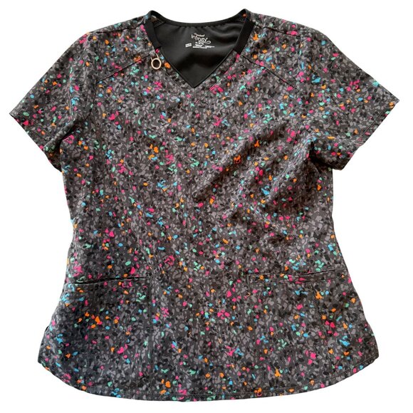 Cherokee Infinity Womens V-Neck Scrub Top Multicolor Confetti Print Medium Size - Picture 1 of 6